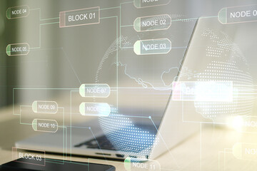 Poster - Double exposure of abstract programming language with world map on laptop background, research and development concept