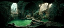 Green Ponds And Stone Bridge In Ancient Improved Cave