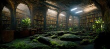 Abandoned Library Hall With Mossy Rocks And Bookcases