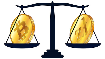Canvas Print - Gold coin of Bitcoin BTC and Polish Zloty PLN on scales isolated on white background. Laws on digital assets CBDC. Design element.
