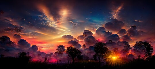 Poster - Trees silhouettes and clouds in colorful sky at sunset