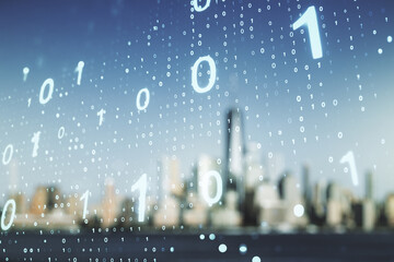 Aufkleber - Double exposure of abstract virtual binary code hologram on blurry cityscape background. Database and programming concept