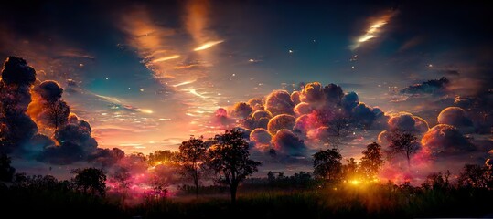Poster - Amazing cloudscape in starry night sky over countryside