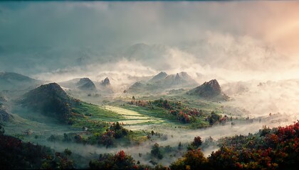 Poster - Scenic mountain valley with forest and hills in heavy mist
