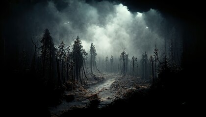 Sticker - Forest with high trees at waste land under heavy clouds