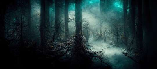 Poster - Wicked misty forest with trees and yellow sparks on vines