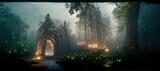 Portal of braided trees and fairy lights in misty forest