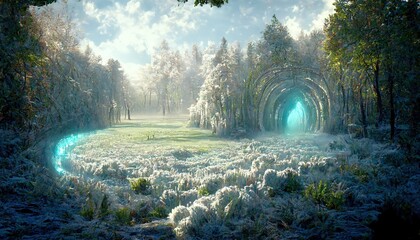 Open portal radiating frost and snow in green summer forest