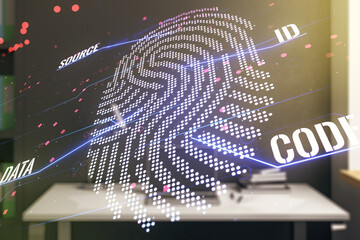 Aufkleber - Multi exposure of abstract fingerprint scan interface and modern desk with computer on background, digital access concept