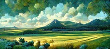Watercolor Style Scenic Summer Green Landscape, Pine Forest Trees Panoramic Vista -  Gorgeous Clouds And Mountain Hills. Tranquil And Peaceful Outdoor Nature Art.    