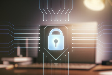 Poster - Double exposure of creative lock hologram with chip on laptop background. Information security concept