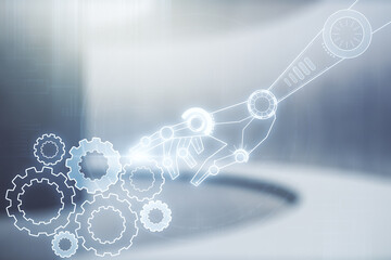 Aufkleber - Double exposure of abstract virtual robotics technology hologram on empty modern office background. Research and development software concept