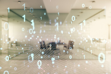 Aufkleber - Abstract virtual binary code hologram on a modern furnished classroom background, AI and machine learning concept. Multiexposure