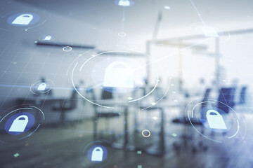 Poster - Virtual creative lock sketch with chip hologram on a modern furnished office interior background, protection of personal data concept. Multiexposure
