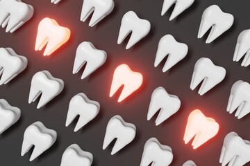 Toothache problem 3d rendering pattern on grey background. White healthy teeth and molar tooth with pain. National Dentist's Day Wisdom teeth extraction. Oral care recovery. Dental Insurance Dentistry
