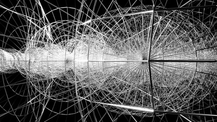 Poster -  abstract background wireframe design black and white color wire sphere on black background, wallpaper, space and futuristic design suitable for game website or tech goods industries