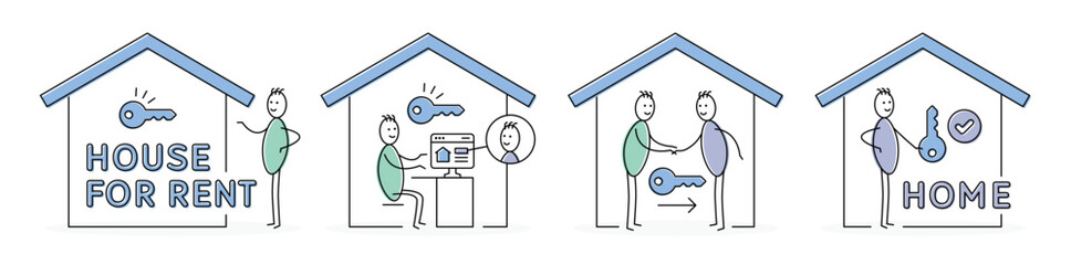 Poster - House For Rent - Set of real estate agent stickman dealing with customer symbol illustration.