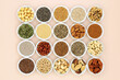 Health food collection high in lipids. Ingredients contain unsaturated good fats for healthy heart and cholesterol levels with nuts, seeds, legumes and grain. On neutral background.