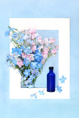 Wall Mural - Delphinium wildflower naturopathic herbal medicine with tincture blue glass bottle. Summer flora nature composition used in herbal medicine as a sedative. White frame on mottled blue.