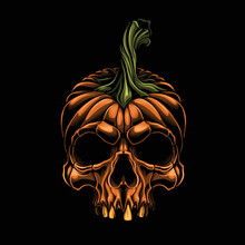 Vector Illustration Of Pumpkin Evil Skull In Engraving Technique. Isolated On Black.