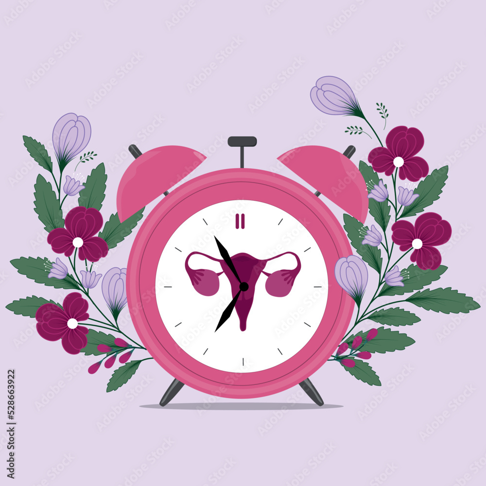 Menopause alarm with flowers. Hand drawn clock. Vector illustration ...