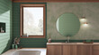 Wabi sabi, japandi bathroom in green and beige tones, Marble bathtub and wooden washbasin. Farmhouse interior design