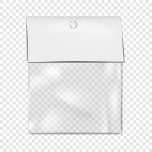 Empty Square Clear Plastic Pouch Bag With White Blank Paper Top And Hanging Hole Mock-up. Transparent Nylon Package Vector Mockup