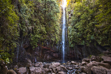 Levada 25 Fontes and Risco waterfall in Rabacal, Madeira Island, Portugal.