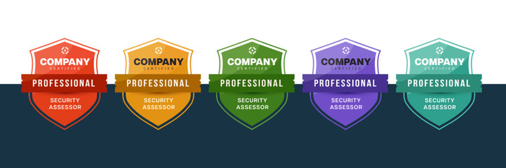 Poster - certified logo shield badge. security assessor sign certificate design. vector professional logo mar