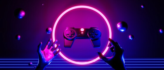 Wall Mural - hand holding joystick video game of esports scifi gaming cyberpunk, vr virtual reality simulation and metaverse, scene stand pedestal stage, 3d illustration rendering, futuristic neon glow room