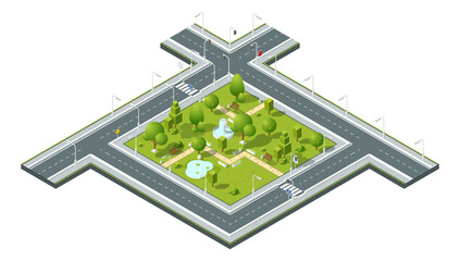 Isometric natural park. Green city block miniature