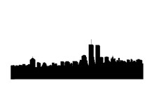 A Black Skyline Silhouette Of New York City Showing The Twin Towers Before The 9-11 Attack, With A White Background.