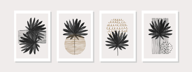 Wall Mural - Minimal illustration of hand drawn textured sun, watercolor palm leaves