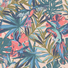 Wall Mural - Flying exotic birds, palm, monstera leaves seamless pattern.