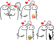 Meme Internet: Flork Pack Love. Couple Hugging Watching A Movie Eating Popcorn. Drinking Beer And Wine.Vector Stkech. Comic Drawing.
