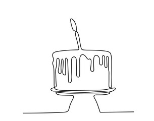 Wall Mural - Continuous line drawing. Birthday cake with candle. Symbol of celebration. Black isolated on white background. Hand drawn vector illustration.