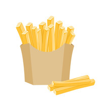 French Fries. Fried Potatoes In Paper Box, Cartoon Vector Illustration