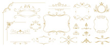 Luxury Gold Ornate Invitation Vector Set. Collection Of Ornamental Crown, Dividers, Border, Frame, Corner, Components. Set Of Elegant Design For Wedding, Menus, Certificates, Logo Design, Branding.