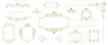 Luxury Gold Ornate Invitation Vector Set. Collection Of Ornamental Crown, Dividers, Border, Frame, Corner, Components. Set Of Elegant Design For Wedding, Menus, Certificates, Logo Design, Branding.