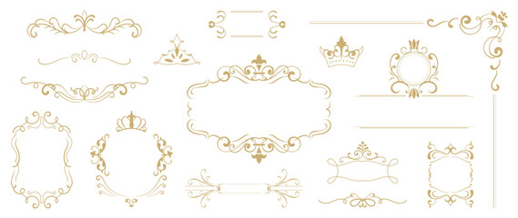 Wall Mural - Luxury gold ornate invitation vector set. Collection of ornamental crown, dividers, border, frame, corner, components. Set of elegant design for wedding, menus, certificates, logo design, branding.