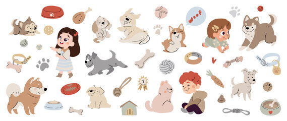 Wall Mural - Set of cute kids and dog vector. Lovely dog and friendly puppy doodle pattern in poses, breeds, toy, bone with flat color. Adorable funny pet and characters hand drawn collection on white background.