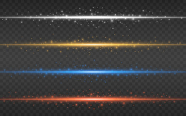 Glow lines color collection. Gold and blue rays. Colorful light effects. Glowing bright beams. Red and white horizontal lines. Luminous streaks for poster or brochure. Vector illustration