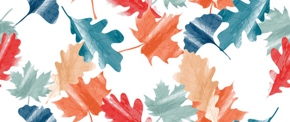 Abstract foliage botanical seamless background. Colorful watercolor wallpaper of autumn plants, maple, ginkgo, oak leaves. Foliage design for banner, prints, decor, wall art, decoration.