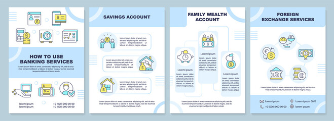 Products of bank blue brochure template. Financial service. Leaflet design with linear icons. 4 raster layouts for presentation, annual reports