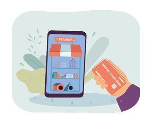 Poster - Human buying pet supplies online flat vector illustration. Credit card in human hand and phone with pet shop app on its screen. E-commerce concept for banner, website design or landing web page