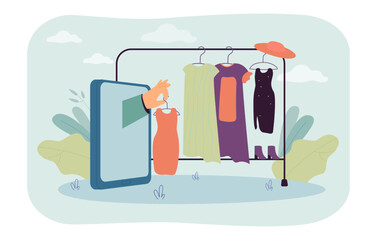 Poster - Hand holding dress on hanger out of phone screen. Buying clothes online flat vector illustration. Cyberspace, ecommerce, internet, purchase concept for banner, website design or landing web page
