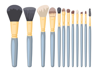 Poster - Different makeup brushes vector illustrations set. Collection of designs of cosmetic tools for face paint, eyes and eyebrows isolated on white background. Beauty, makeup, cosmetology concept