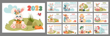 Calendar 2023 For Each Month. Horizontal Planner With Cute Bunny In Different Seasons. Cartoon Character Rabbit  As Symbol Of New Year. Week Starts On Sunday. Vector Flat Illustration