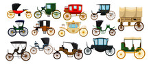 Vintage Carriages For Royals Vector Illustrations Set. Cartoon Drawings Of Retro Carts For Princess, King Or Cinderella Without Horses On White Background. Antique, Transportation, History Concept
