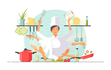 female professional chef cooking food in kitchen of restaurant. A young woman rolls out the pastry in the kitchen. Preparation baking or pasta. Kitchen utensils, spices and sauces, ingredients. Vector